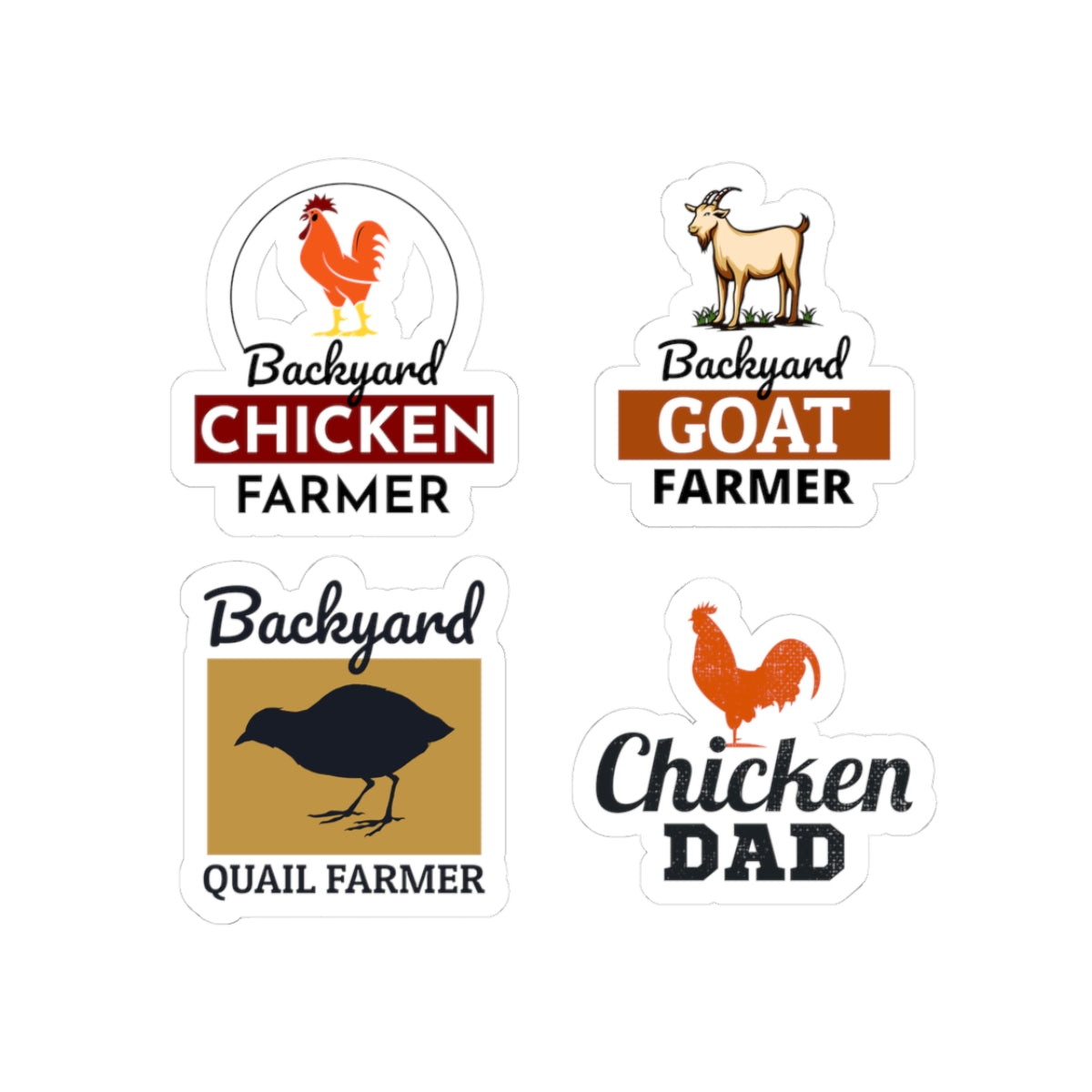 Backyard Farmer Sticker Pack – 4 PCS Bold Chicken Goat Quail Chicken Dad Decal Set for Farmers Homesteaders