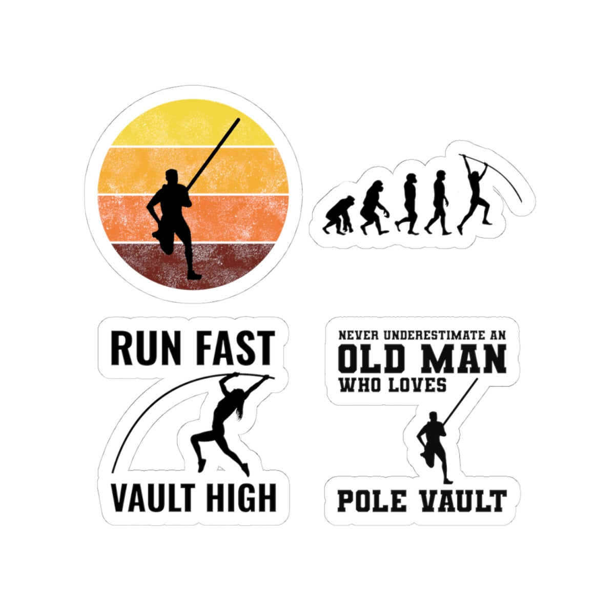 Pole Vault Sticker Pack – 4 PCS Funny Evolution Retro Graphic Decal Set for Track and Field Athletes, Vaulters & Sport Fans