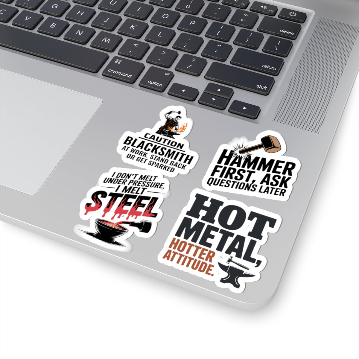 Blacksmith Forge Sticker Pack – 4 PCS Tough Anvil Hammer Humor Decals for Ironworkers Bladesmiths and Metal Crafters