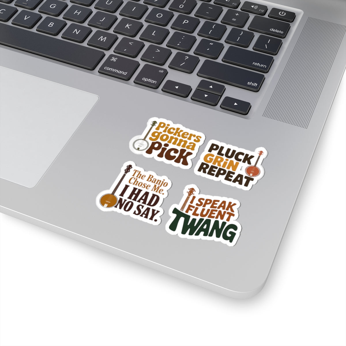 Banjo Sticker Pack – 4 PCS Retro Groovy Picker Humor Decal Set for Bluegrass Musicians Folk String Instrument Fans