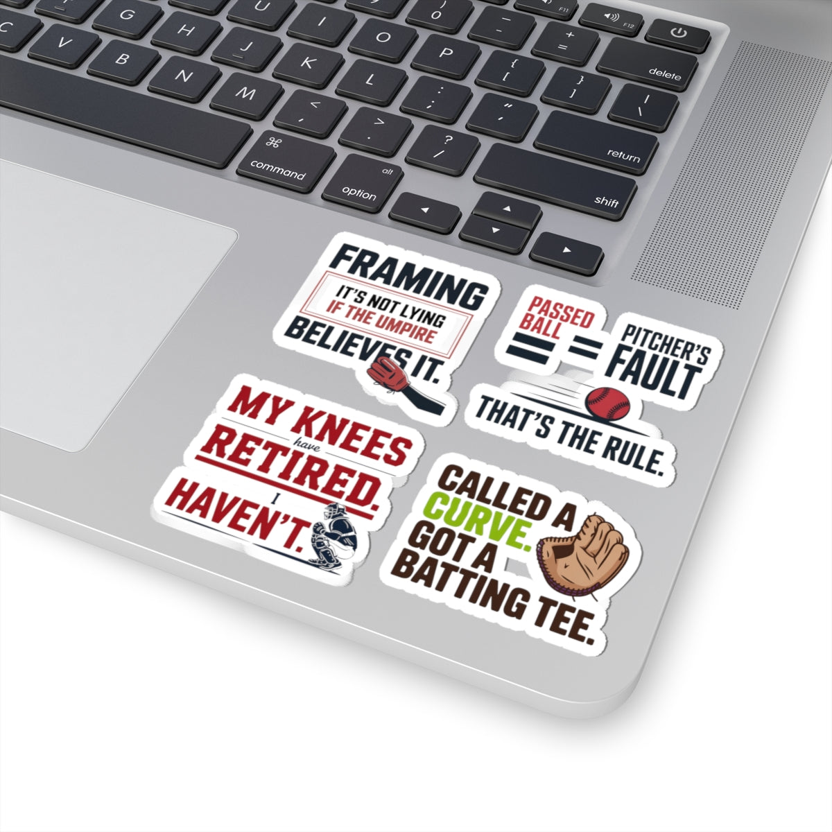 Baseball Catcher Sticker Pack – 4 PCS Funny Behind The Plate Humor Decal Set for Catchers Travel Ball Players