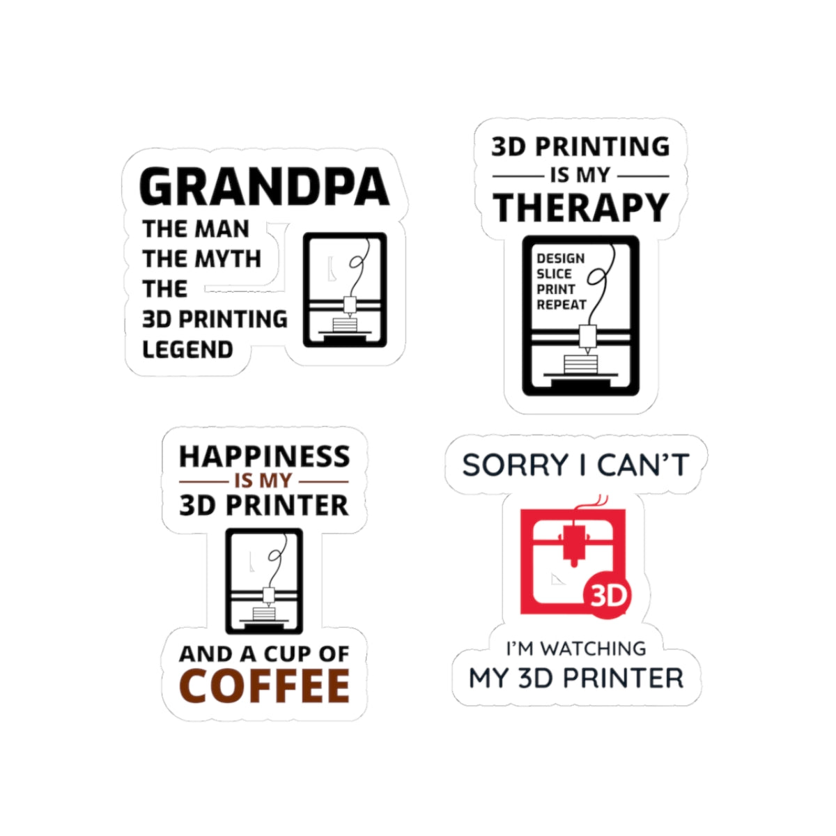 3D Printer Sticker Pack – 4 PCS Funny Grandpa Therapy Decal Set for Makers Hobbyists and Printing Fans