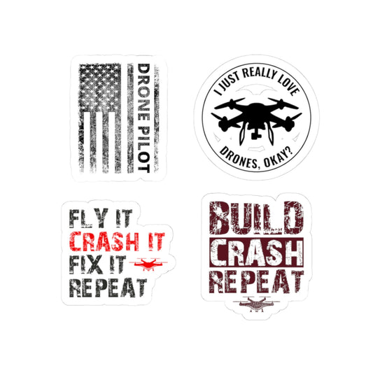 Drone Pilot Sticker Pack – 4 PCS Funny Build Crash Repeat Decals for FPV Pilots RC Hobbyists