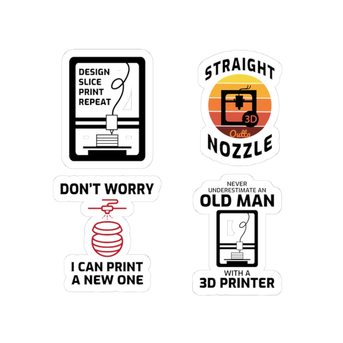 3D Printer Sticker Pack – 4 PCS Funny FDM Maker Decal Set for Engineers Hobbyists and Printing Enthusiasts