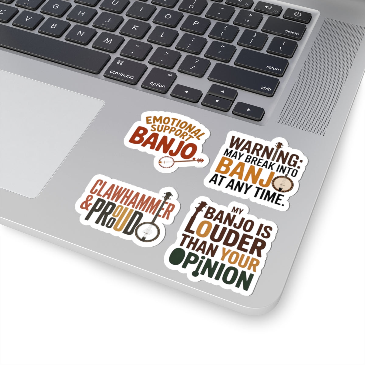 Banjo Sticker Pack – 4 PCS Bold Attitude Humor Decal Set for Bluegrass Musicians Five-String Instrument Lovers