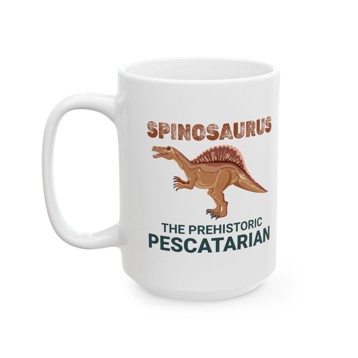 Taza con fósil de dinosaurio Spinosaurus, diseño pescatariano para amantes de la paleontología 