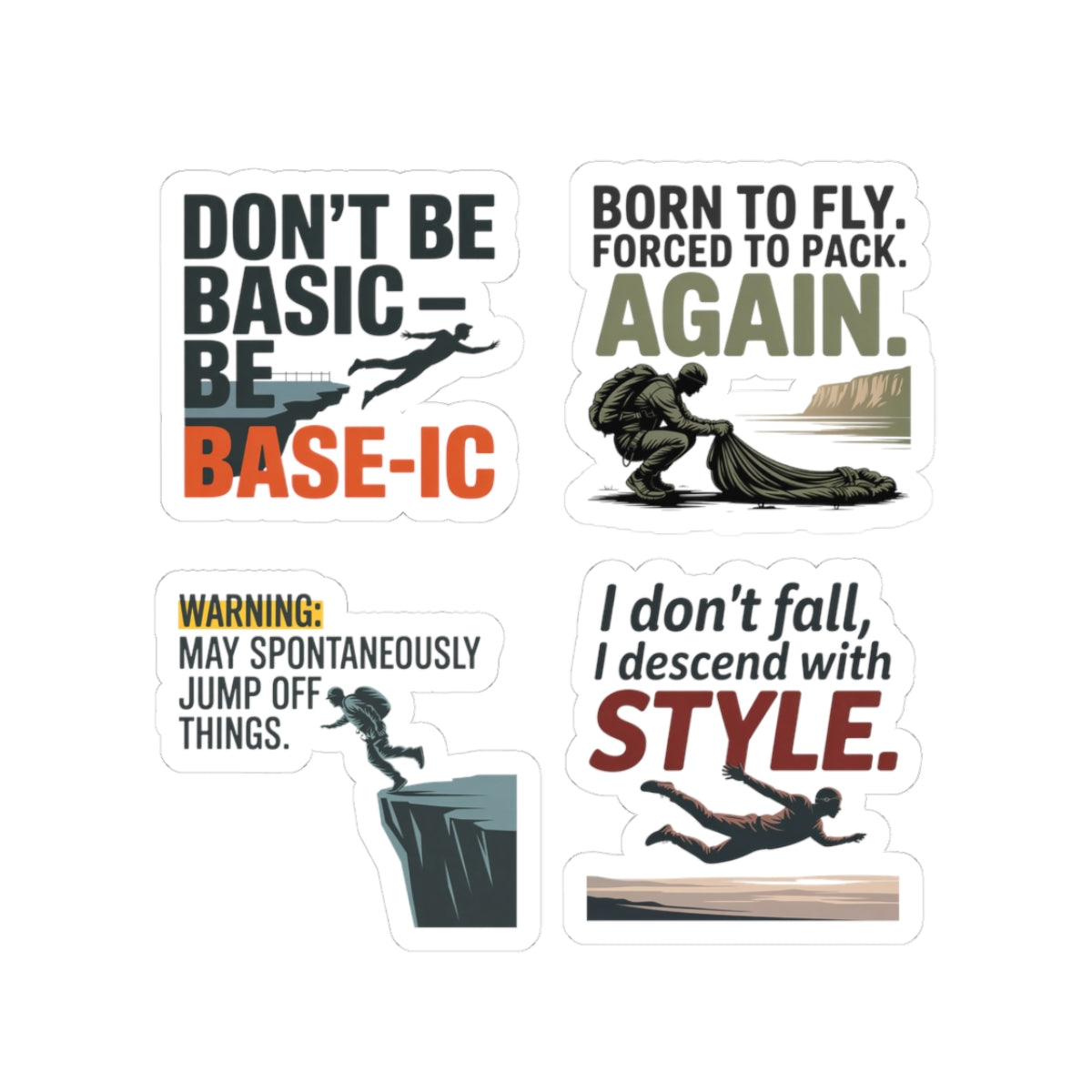 Base Jumping Sticker Pack for Car Laptop – 4 PCS Clever Wordplay Decal Set for Extreme Athletes Skydivers