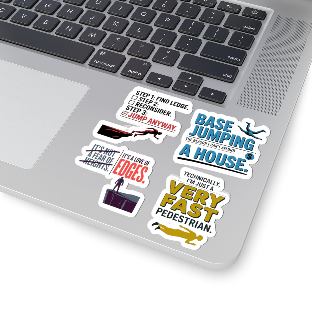 BASE Jumping Sticker Pack – 4 PCS Witty Humor Cliff Jump Decal Set for Extreme Sports Fans Thrill Seekers