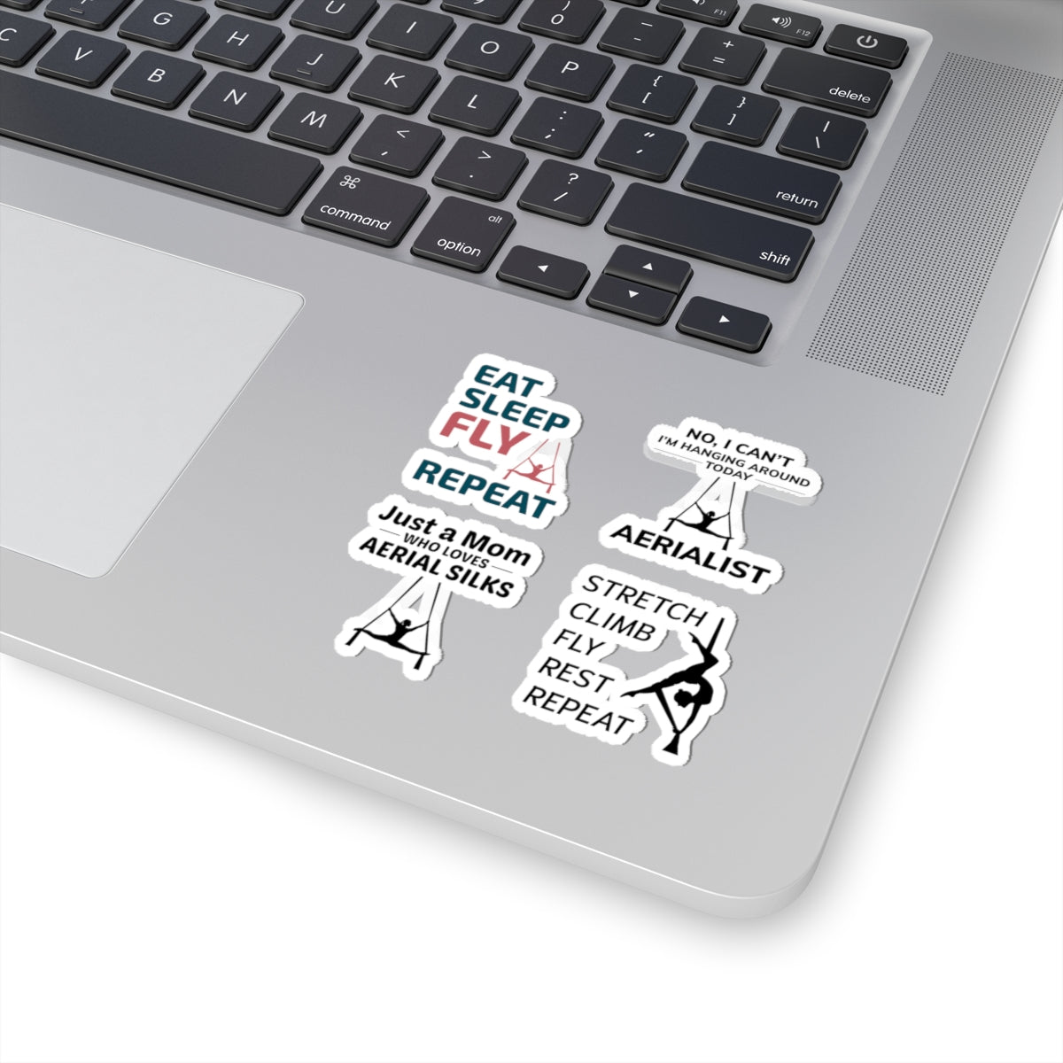 Aerial Silk Sticker Pack – 4 PCS Funny Eat Sleep Fly Mom Loves Silks Decal Set for Aerialists Dancers