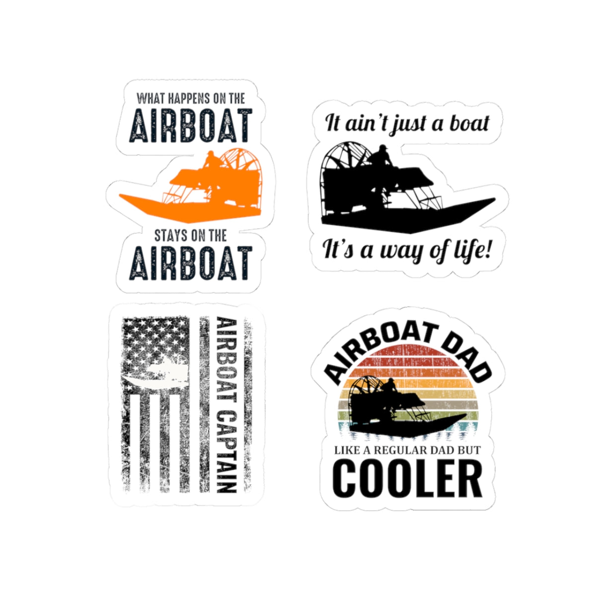 Airboat Dad Sticker Pack – 4 PCS Funny Patriotic Decals for Airboat Captains Swamp Boat Enthusiasts