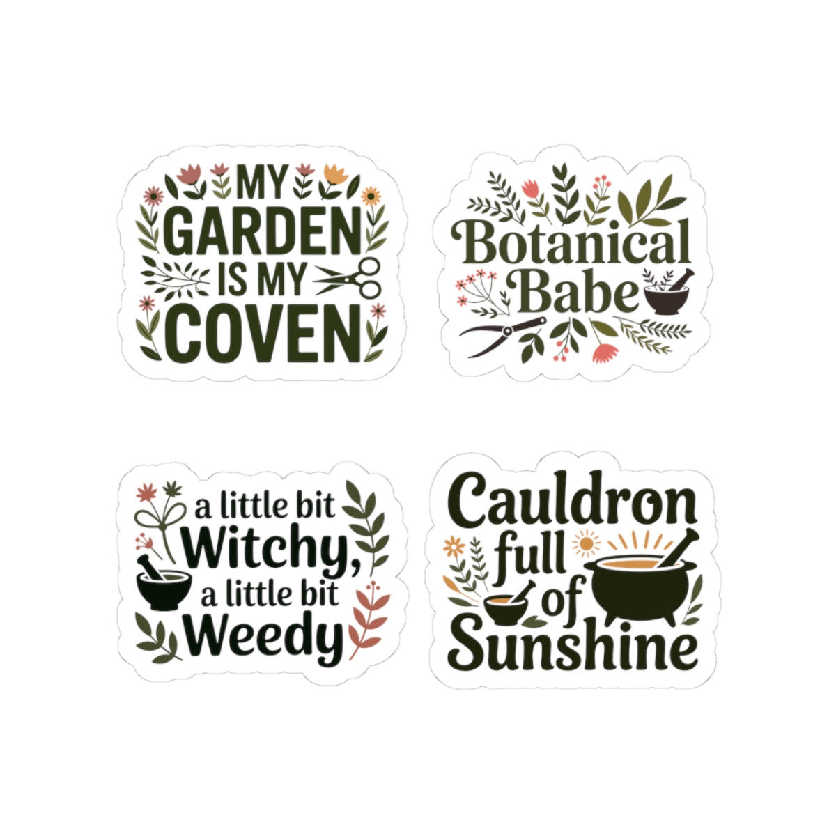 Botanical Herbalist Sticker Pack – 4 PCS Witchy Garden Humor Decals for Plant Witches Herb Lovers