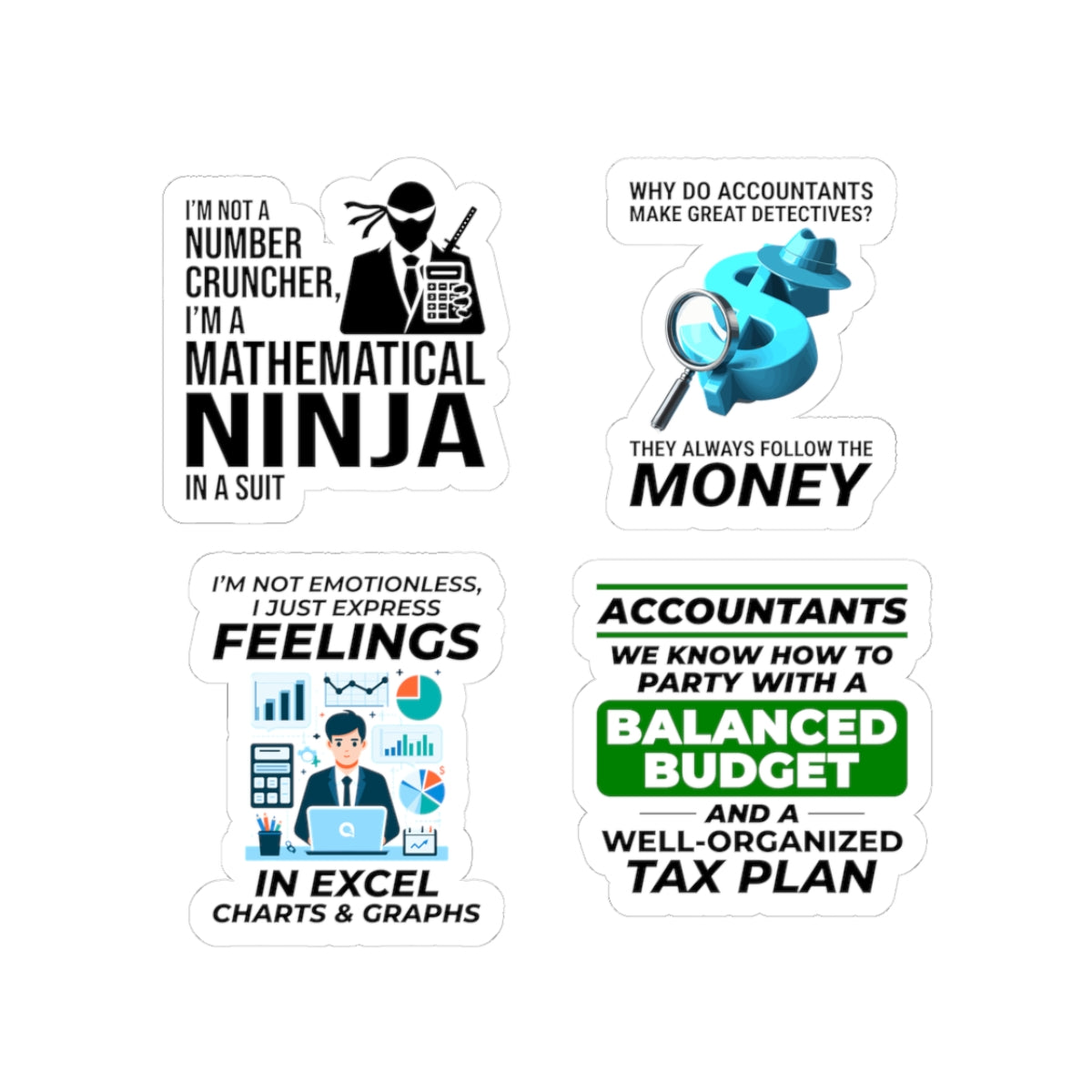 Accountant Sticker Pack – 4 PCS Funny Math Ninja Balanced Budget Decal Set for CPAs Finance Professionals