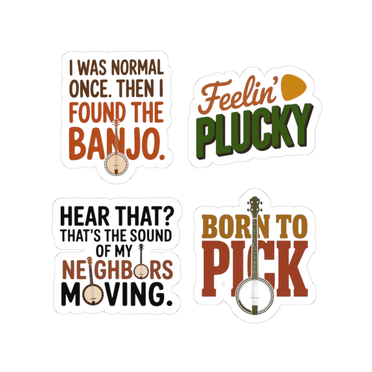 Banjo Sticker Pack – 4 PCS Funny Mixed Style Humor Decal Set for Bluegrass Musicians Folk String Instrument Lovers