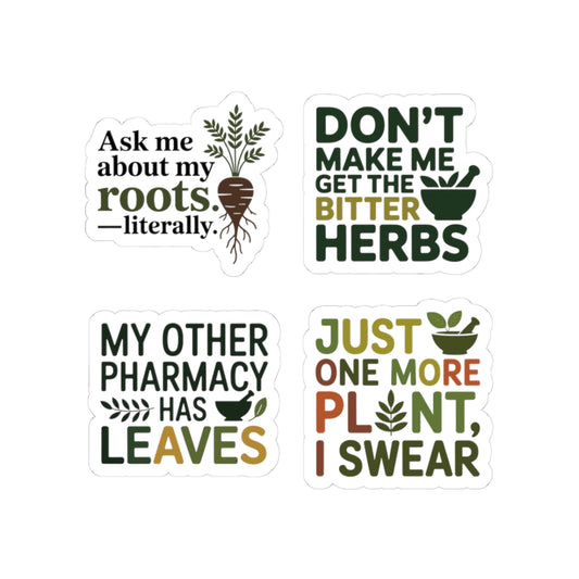 Herbalist Sticker Pack – 4 PCS Funny Bitter Herbs Humor Decals for Plant Collectors Herbal Medicine Fans