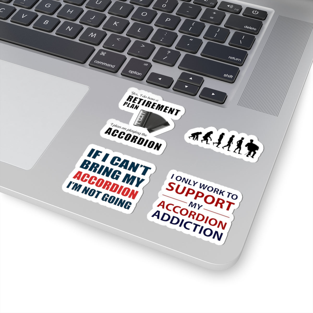 Accordion Sticker Pack – 4 PCS Funny Retirement Plan Addiction Evolution Decal Set for Musicians Players