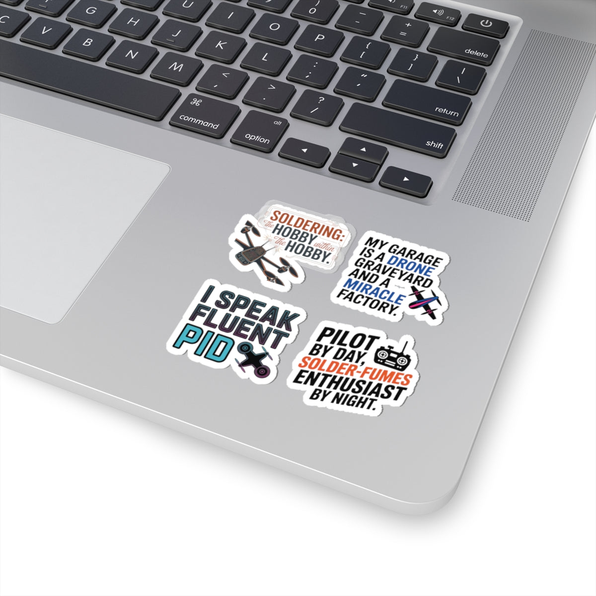 Drone Racing Sticker Pack – 4 PCS Funny Garage Warrior Quote Decals for FPV Pilots and Quadcopter Builders