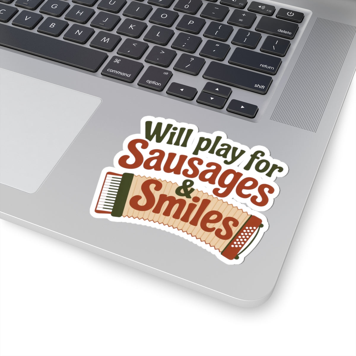 Accordion Sticker – Sausages & Smiles Quote for Street Performers, Band Members