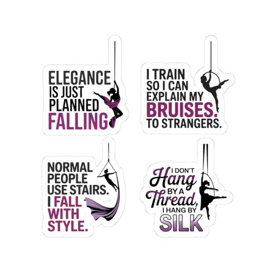 Aerial Silk Sticker Pack – 4 PCS Funny Mixed Style Quote Decal Set for Aerialists Circus Performers and Silk Athletes