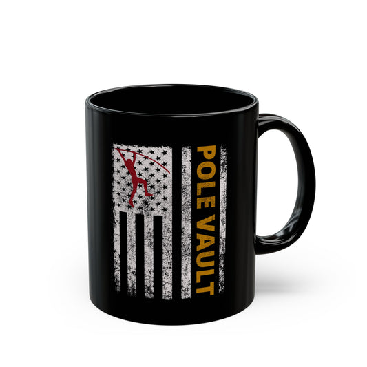Pole Vault Mug Black Vintage American Flag – Track and Field Vaulting Cup for Athletes and Sports Enthusiasts