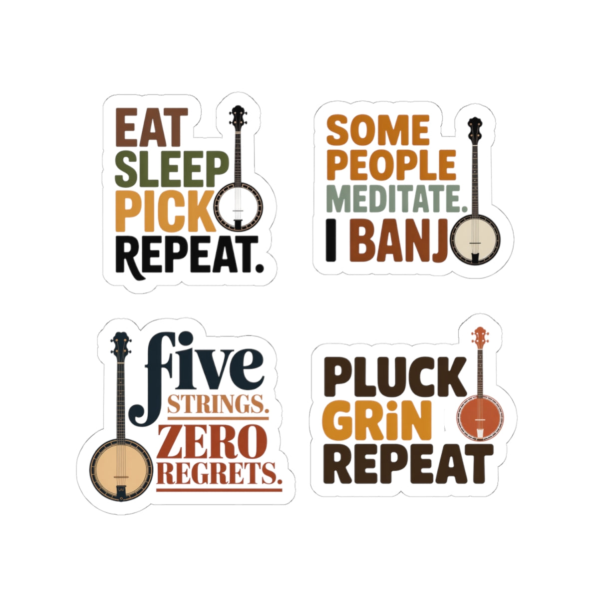 Banjo Sticker Pack – 4 PCS Bold Picker Mantra Decal Set for Bluegrass Musicians Five-String Instrument Lovers