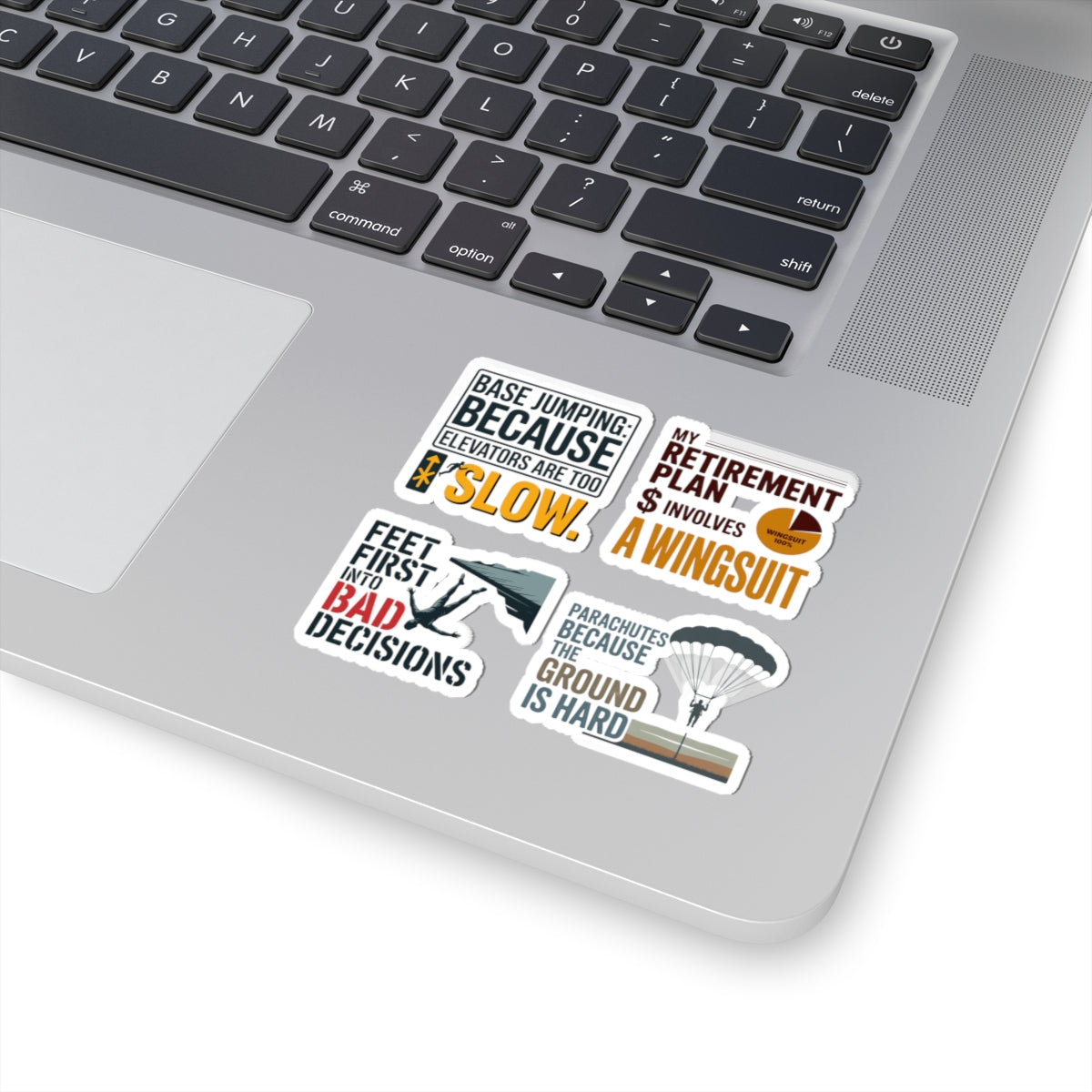 Base Jumping Sticker Pack for Car Helmet – 4 PCS Sarcastic Adventure Decal Set for Extreme Athletes Skydivers
