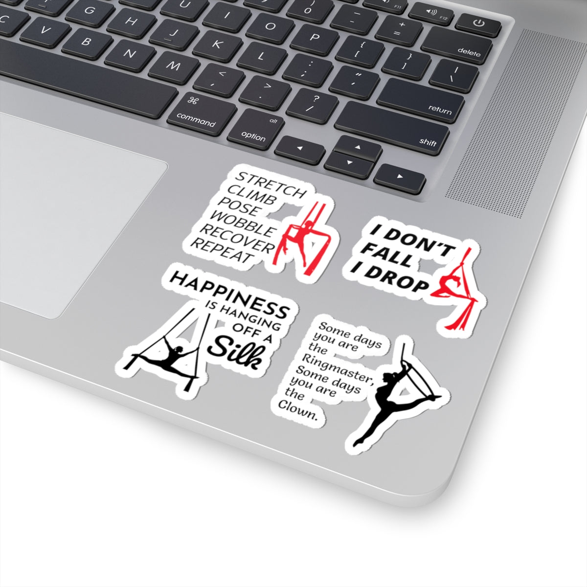 Aerial Silk Sticker Pack – 4 PCS Funny I Drop Happiness Hanging Ringmaster Decal Set for Aerialists Dancers