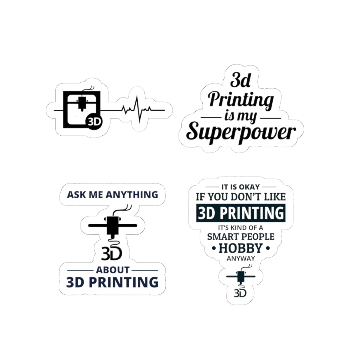 3D Printer Sticker Pack – 4 PCS Funny Superpower Smart Hobby Decal Set for Makers Engineers Printing Fans