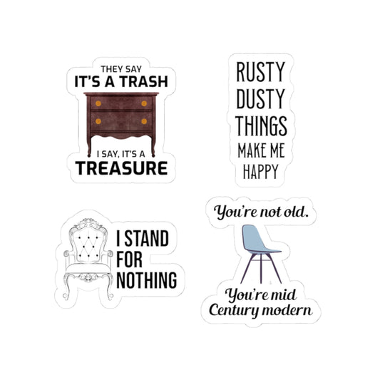 Vintage Collector Sticker Pack – 4 PCS Funny Antique Furniture Humor Quote Decal for Estate Sale Lovers, Retro Enthusiasts