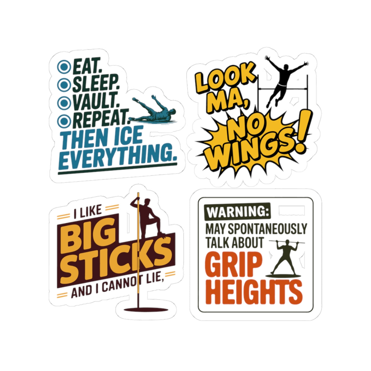 Pole Vault Sticker Pack – 4 PCS Funny Humor Mixed Graphic Decal Set for Track and Field Athletes, Competitive Vaulters