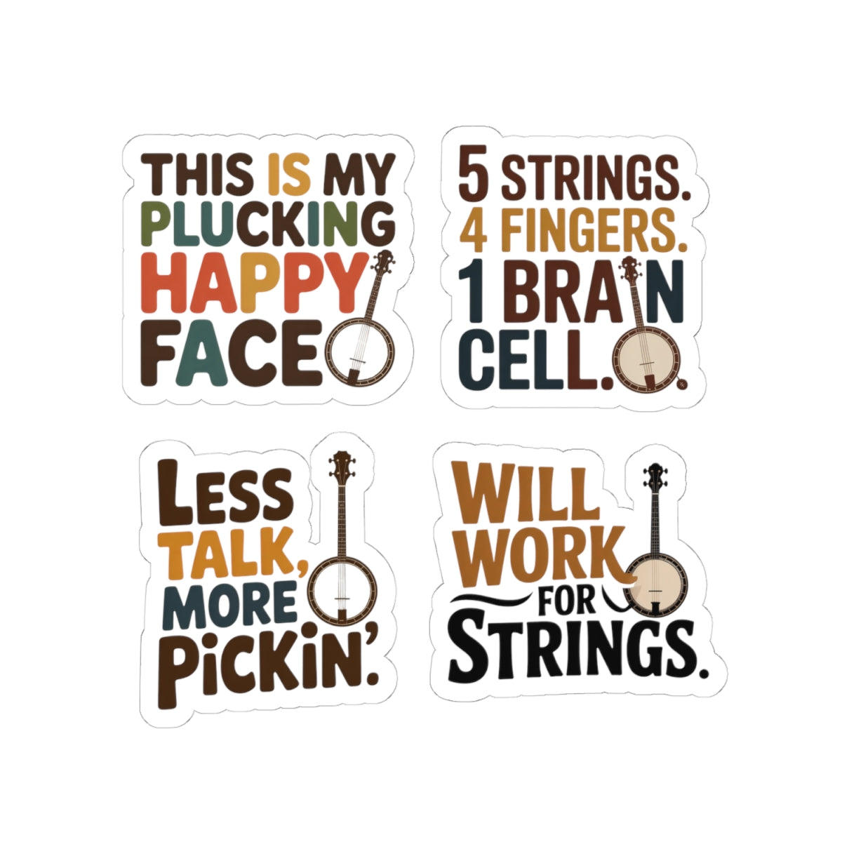 Banjo Sticker Pack – 4 PCS Colorful Picker Humor Decal Set for Bluegrass Musicians Folk String Instrument Lovers