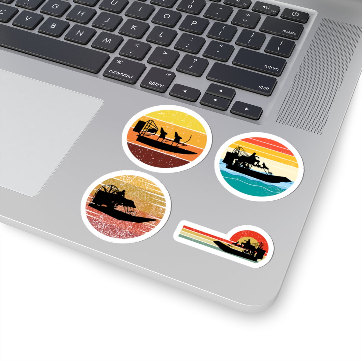 Retro Airboat Sticker Pack – 4 PCS Vintage Sunset Circle Decals for Flat Bottom Boat Fans Swamp Lovers