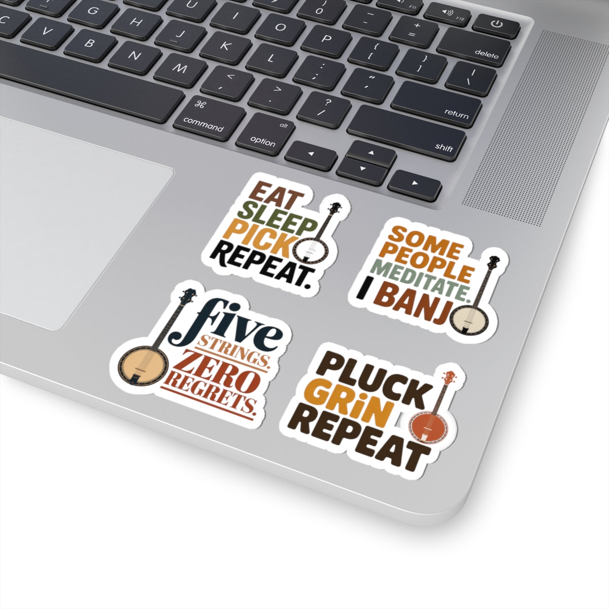 Banjo Sticker Pack – 4 PCS Bold Picker Mantra Decal Set for Bluegrass Musicians Five-String Instrument Lovers