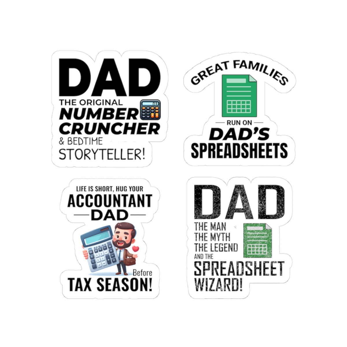 Accountant Dad Sticker Pack – 4 PCS Funny Spreadsheet Wizard Number Cruncher Decal Set for Finance Dads