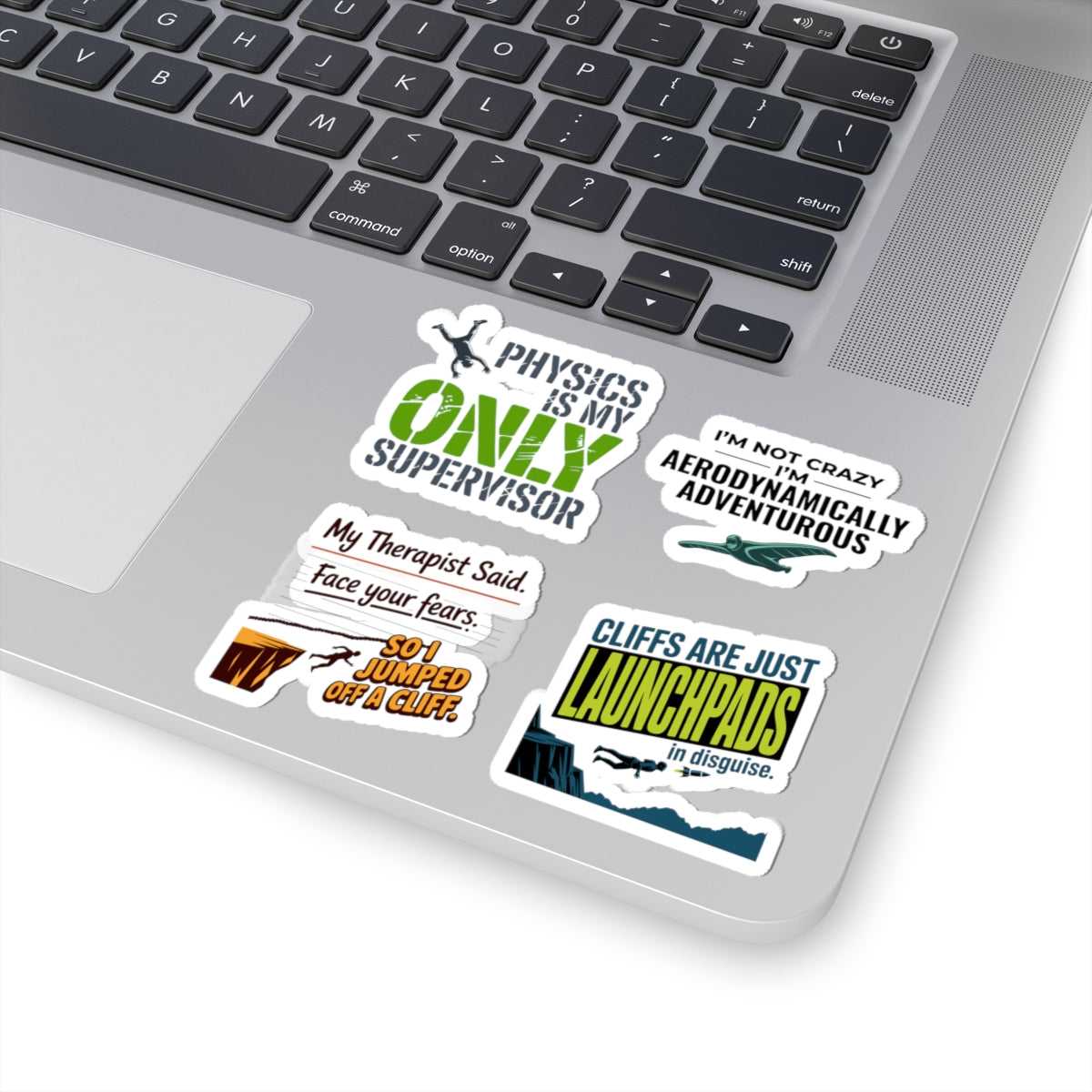 BASE Jumping Sticker Pack – 4 PCS Witty Physics Wingsuit Humor Decal Set for Extreme Sports Fans Skydivers