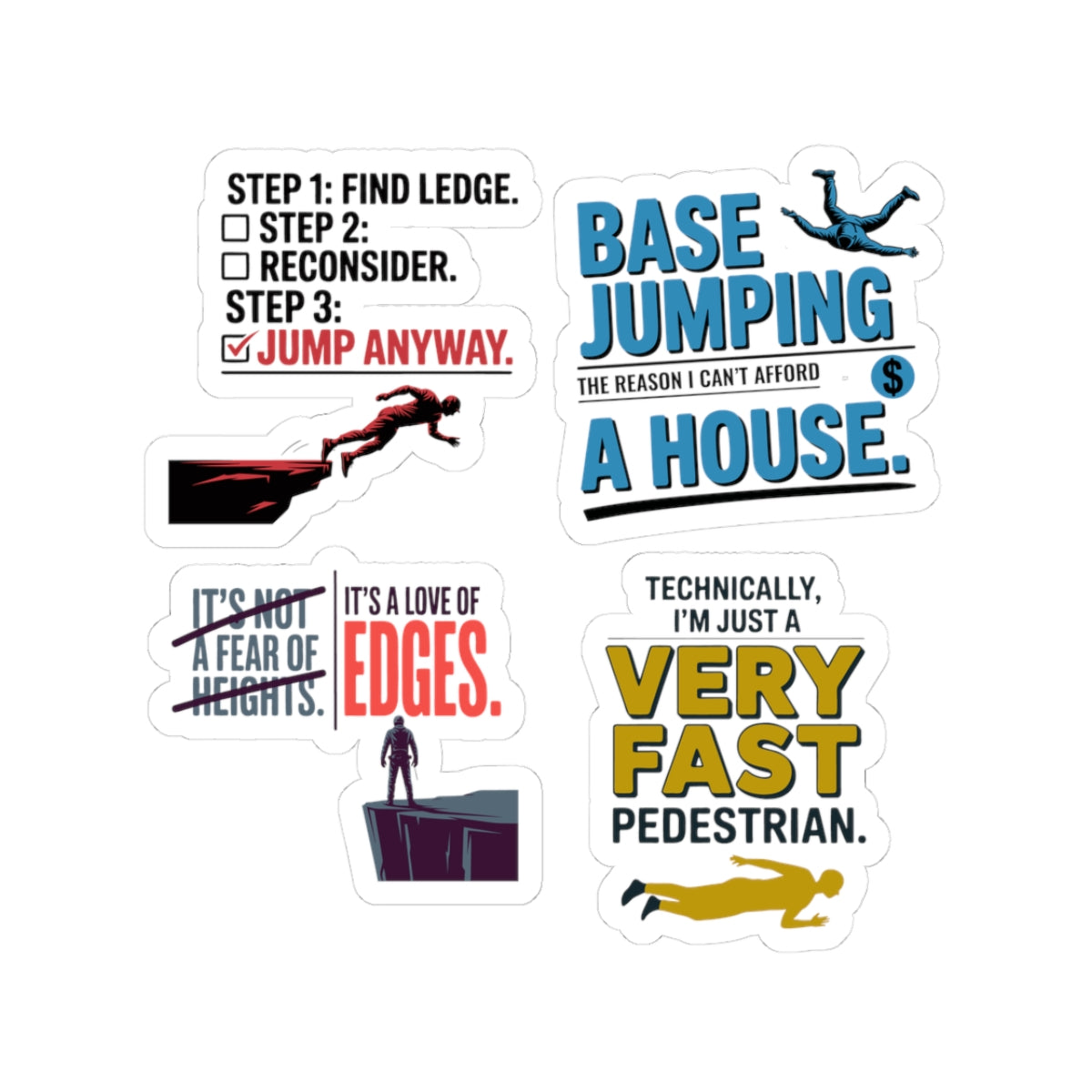 BASE Jumping Sticker Pack – 4 PCS Witty Humor Cliff Jump Decal Set for Extreme Sports Fans Thrill Seekers