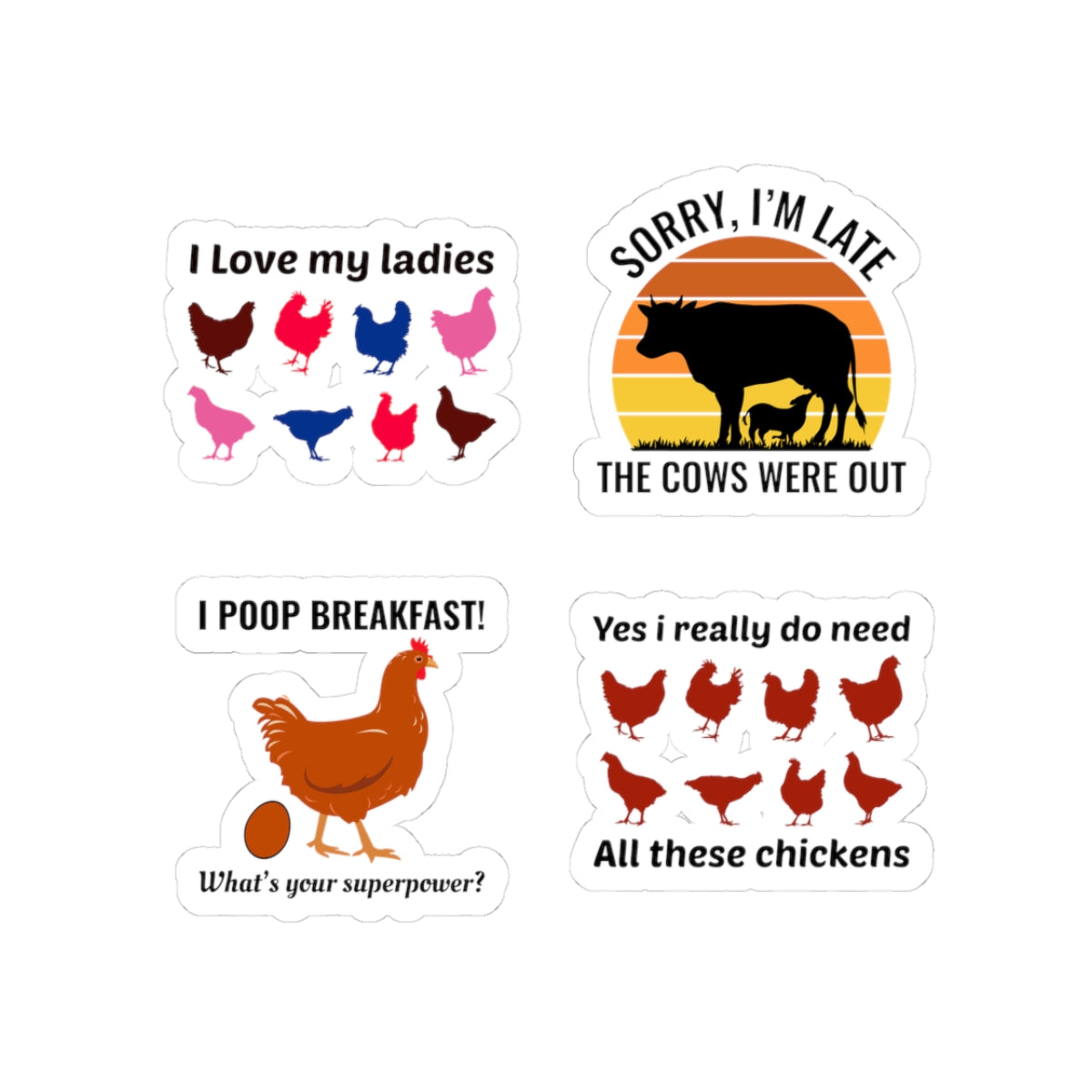 Funny Chicken & Cow Sticker Pack – 4 PCS Humorous Farm Animal Decals for Chicken Lovers Homesteaders