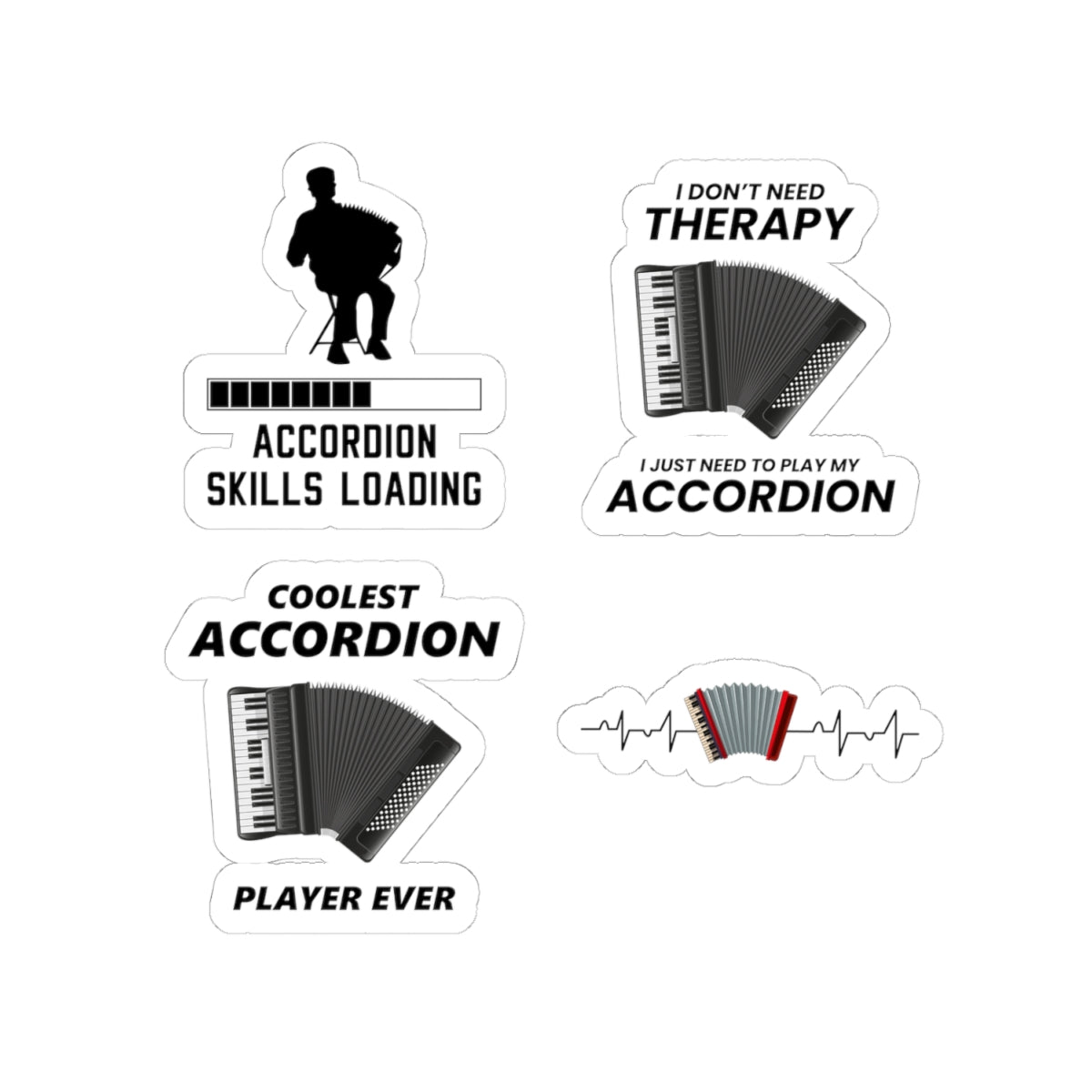 Accordion Sticker Pack – 4 PCS Funny Skills Loading Therapy Decal Set for Accordion Players Musicians Fans