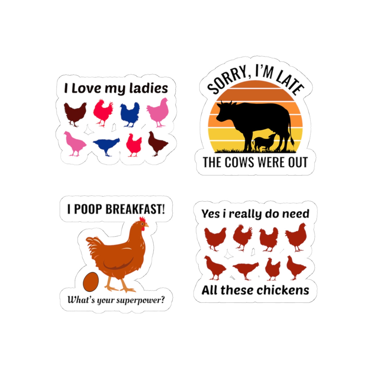 Funny Chicken & Cow Sticker Pack – 4 PCS Humorous Farm Animal Decals for Chicken Lovers Homesteaders
