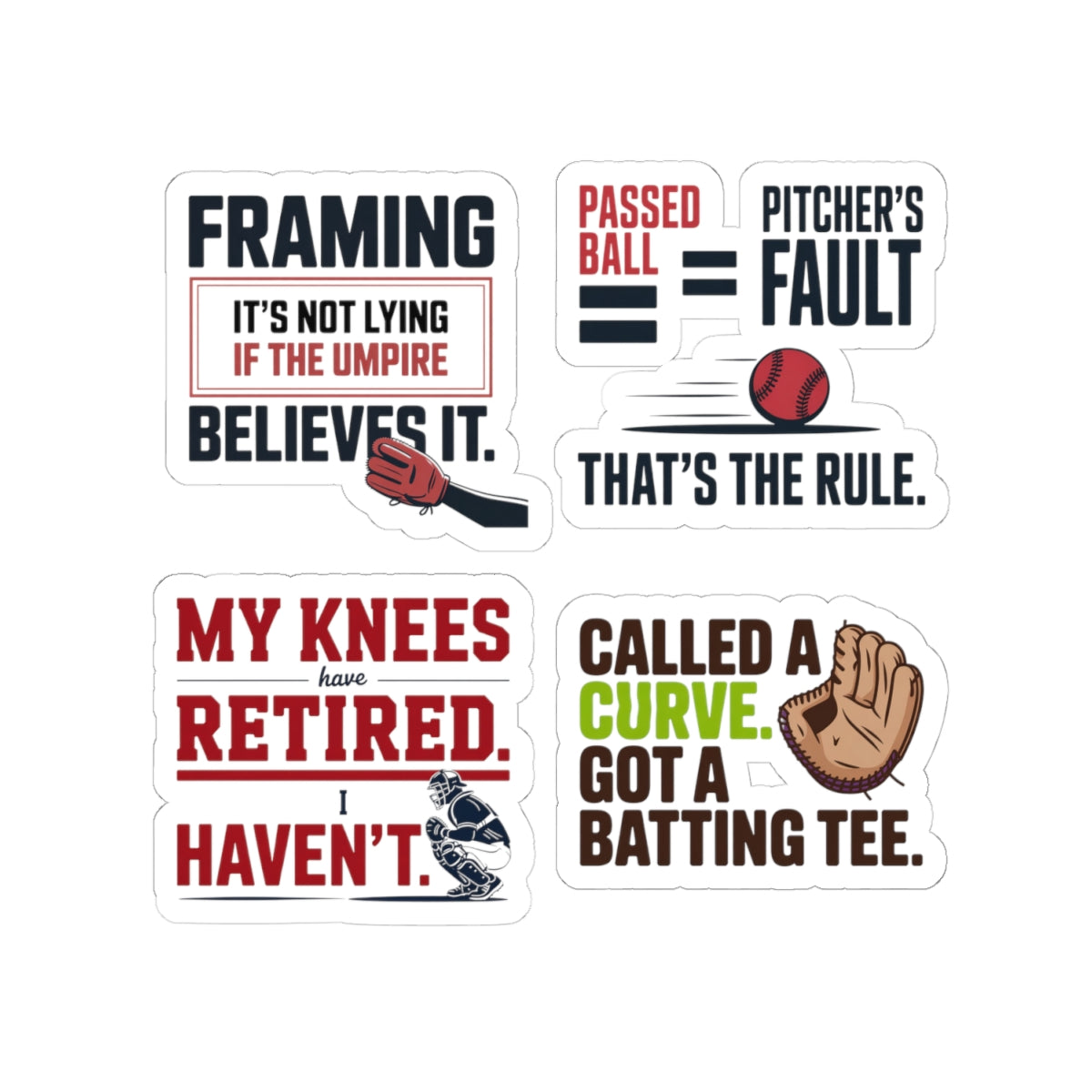 Baseball Catcher Sticker Pack – 4 PCS Funny Behind The Plate Humor Decal Set for Catchers Travel Ball Players