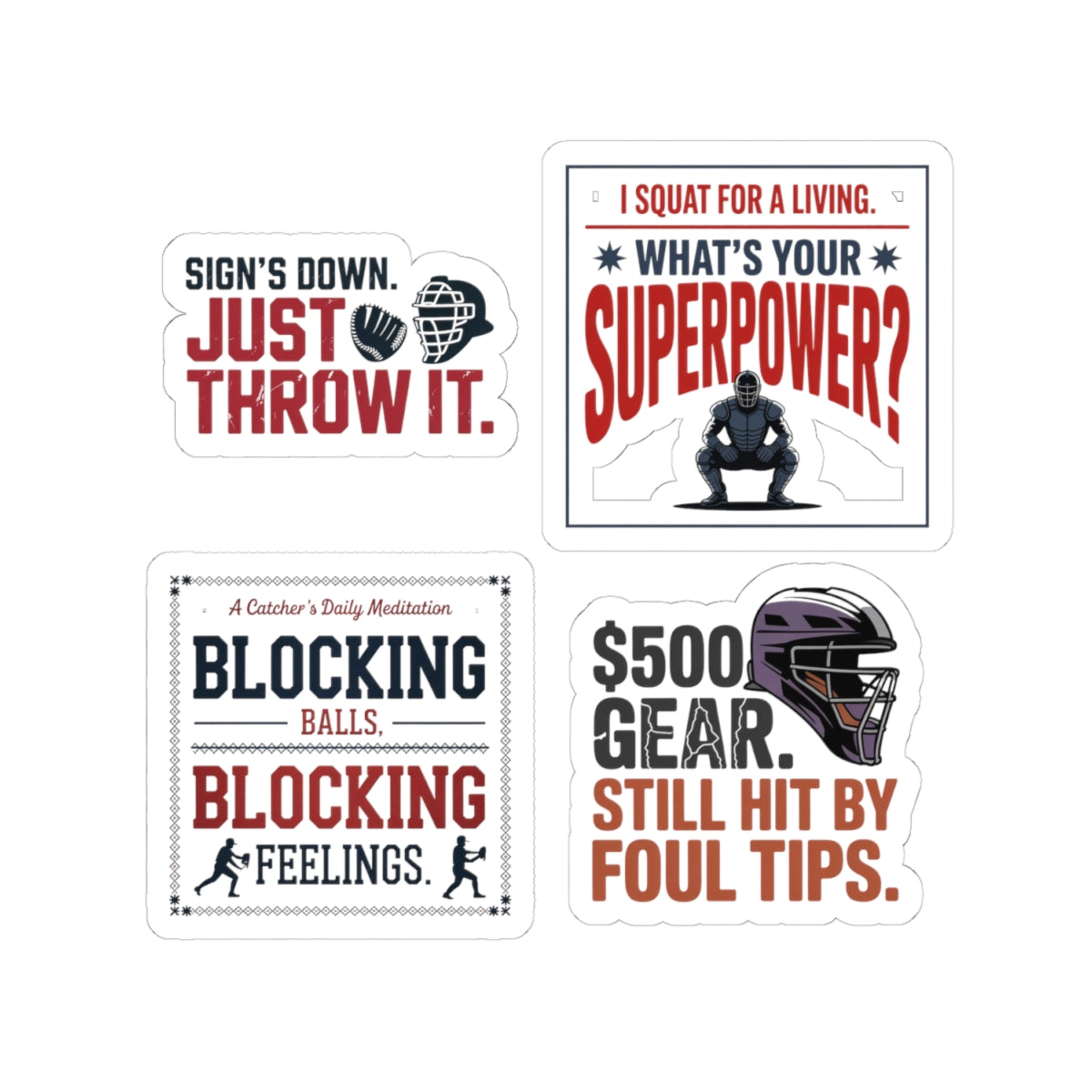 Baseball Catcher Sticker Pack – 4 PCS Funny Squat Life Humor Decal Set for Catchers Travel Ball Players