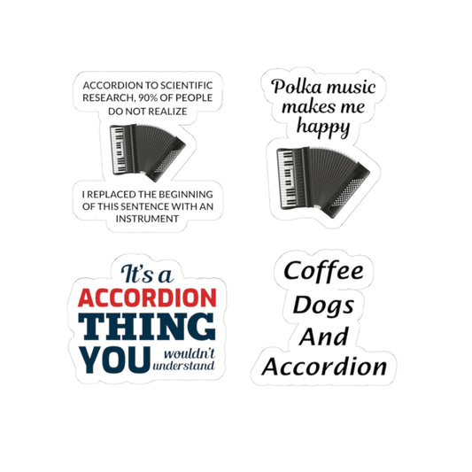 Accordion Sticker Pack – 4 PCS Funny Polka Happy Coffee Dogs Decal Set for Accordion Players Music Lovers