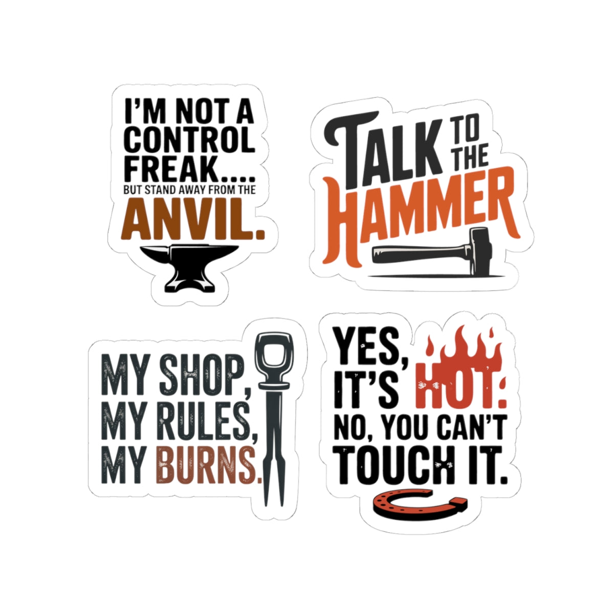 Blacksmith Sticker Pack – 4 PCS Funny Forge Humor Anvil Decal Set for Metalworkers Bladesmiths