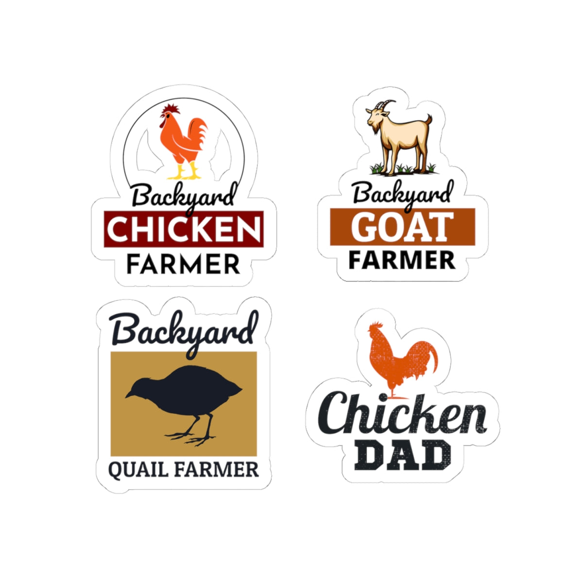 Backyard Farmer Sticker Pack – 4 PCS Bold Chicken Goat Quail Chicken Dad Decal Set for Farmers Homesteaders