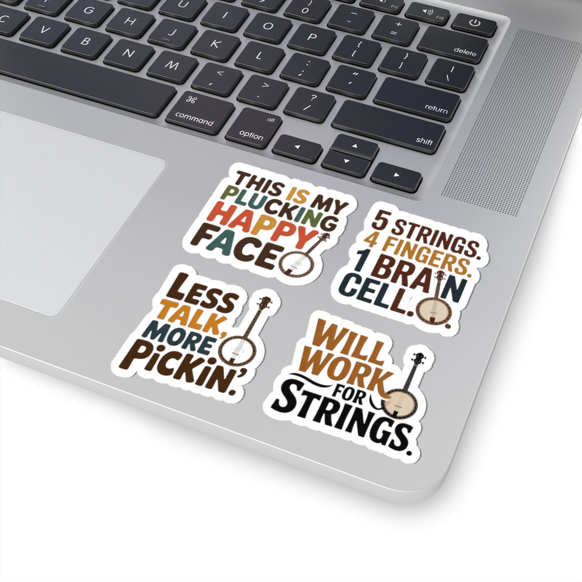 Banjo Sticker Pack – 4 PCS Colorful Picker Humor Decal Set for Bluegrass Musicians Folk String Instrument Lovers