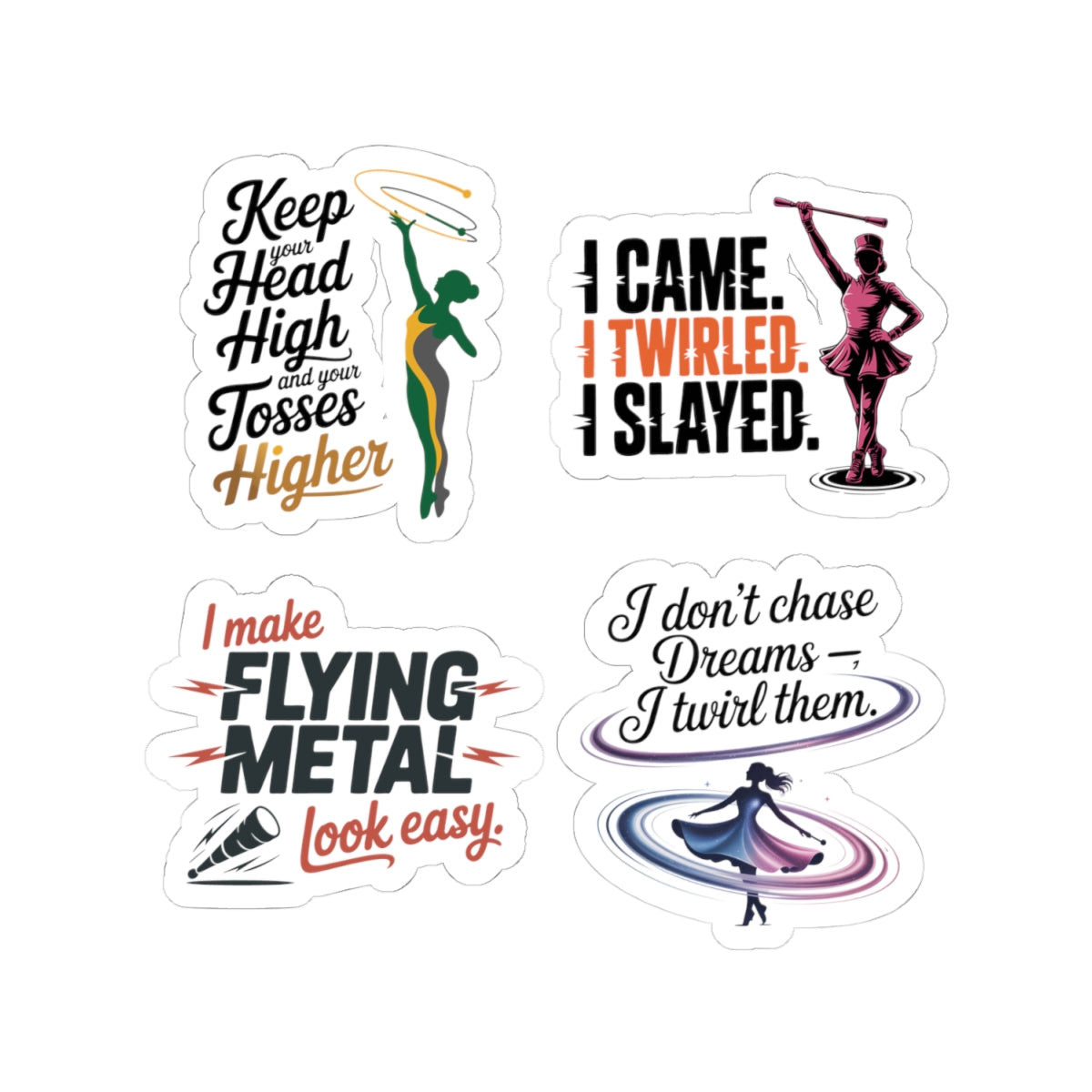 Baton Twirling Sticker Pack – 4 PCS Motivational Mixed Style Decal Set for Competitive Twirlers & Majorette Athletes