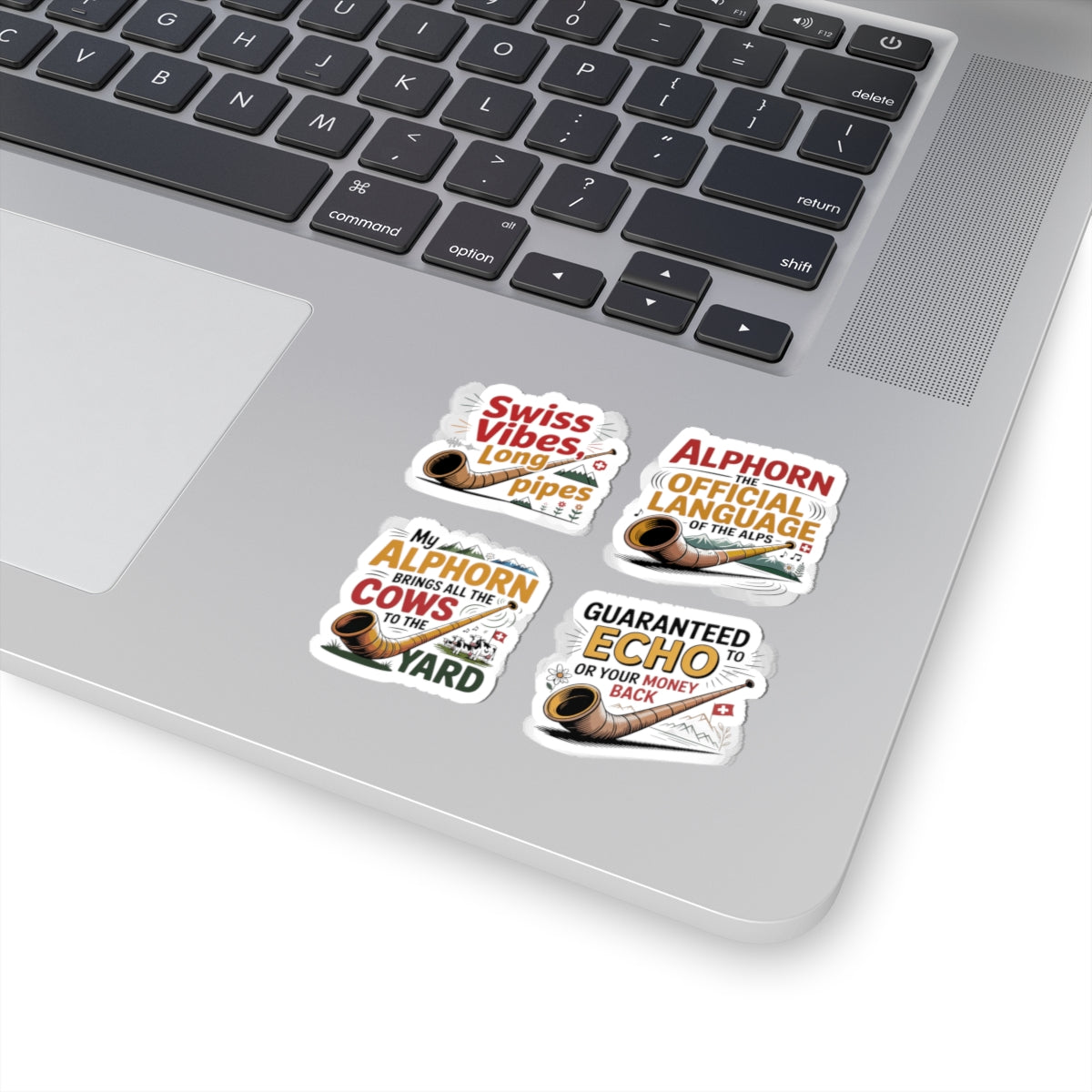 Alphorn Sticker Pack – 4 PCS Funny Echo Humor Decals for Alphorn Players Swiss Alps Music Lovers