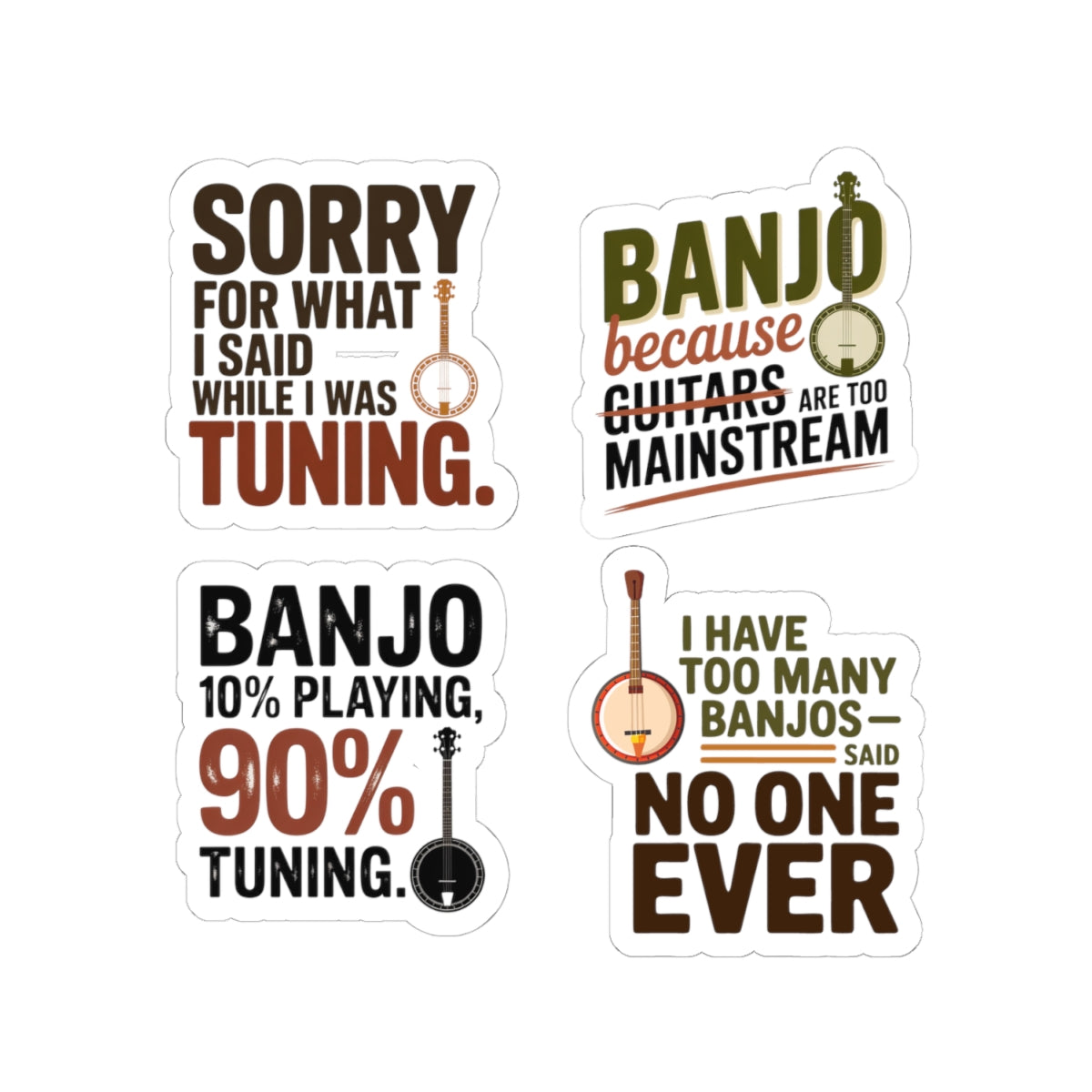 Banjo Sticker Pack – 4 PCS Sarcastic Tuning Humor Decal Set for Bluegrass Musicians Folk String Instrument Fans