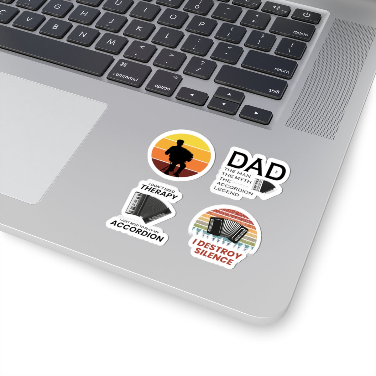 Accordion Dad Sticker Pack – 4 PCS Funny Man Myth Legend Destroy Silence Decal Set for Musicians Fathers