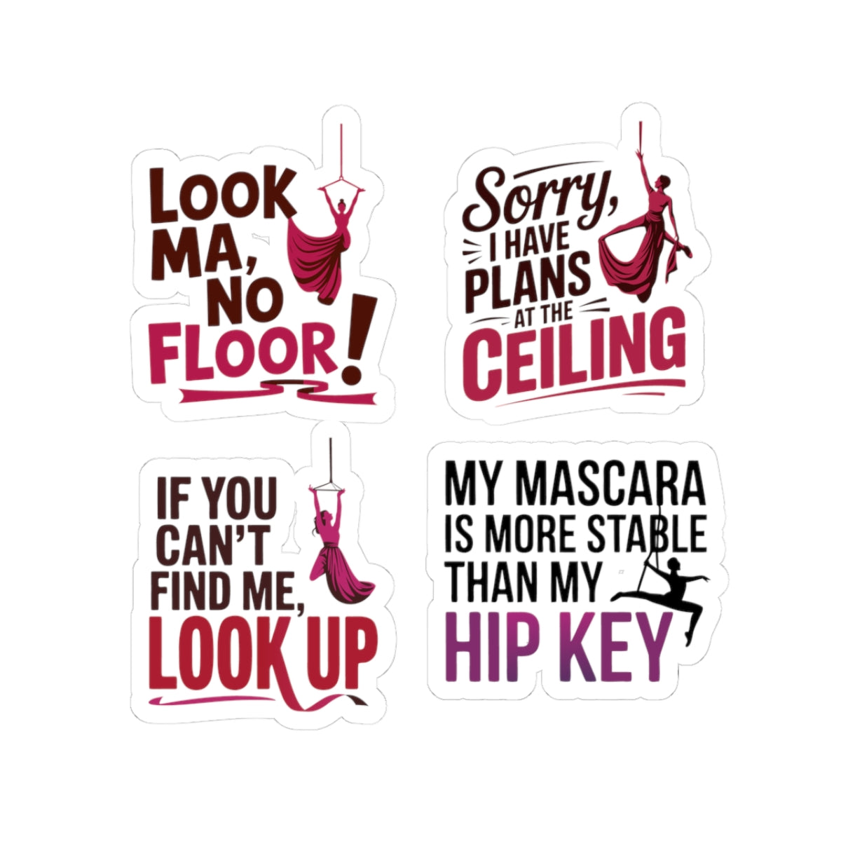 Aerial Silk Sticker Pack – 4 PCS Funny Ceiling & Hip Key Decal Set for Aerialists & Circus Performers