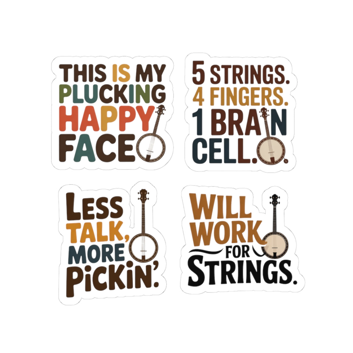 Banjo Sticker Pack – 4 PCS Colorful Picker Humor Decal Set for Bluegrass Musicians Folk String Instrument Lovers
